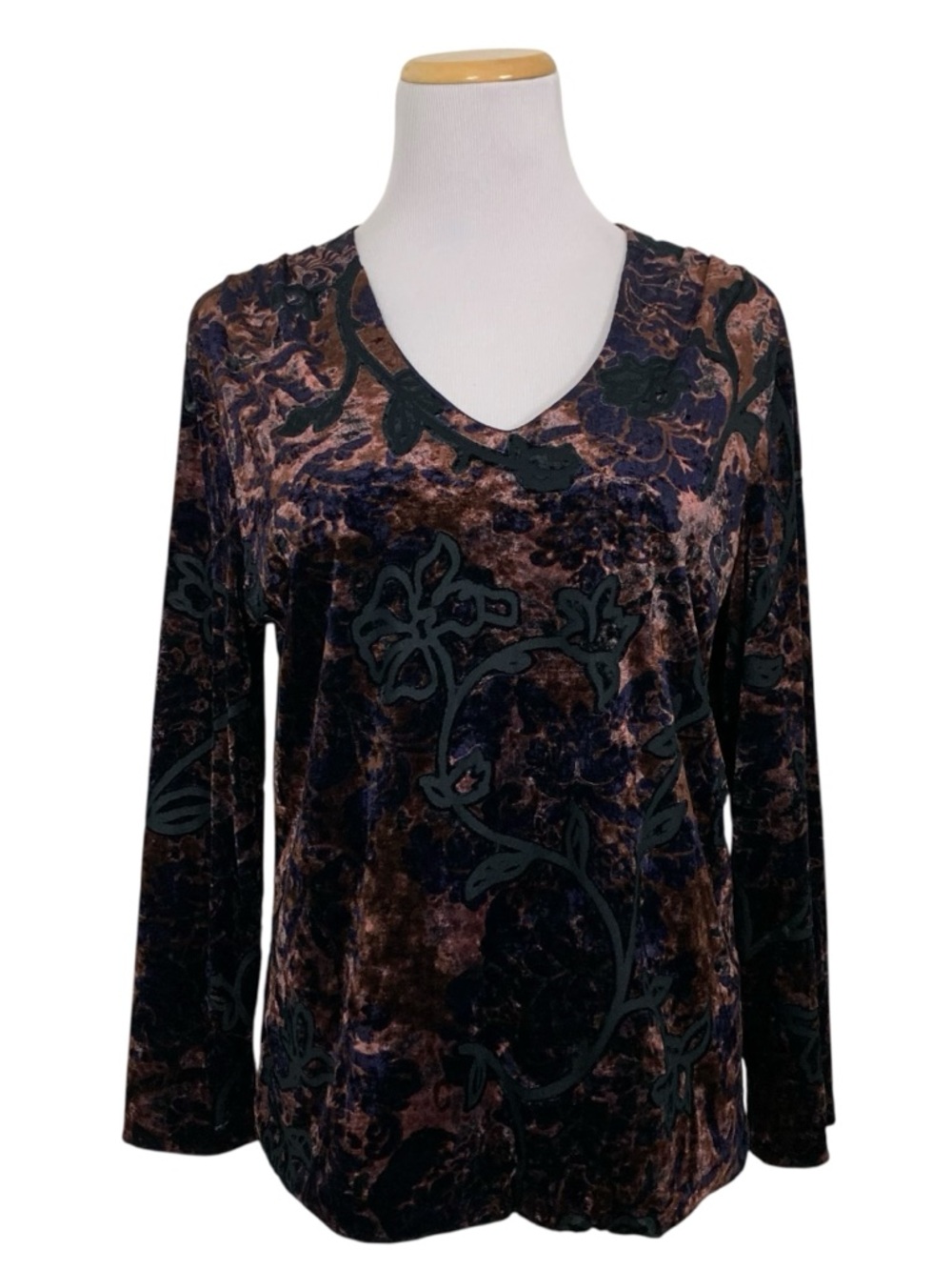 AK Anne Klein Velour Burnout V Neck Top Womens L Black Romantic Velour Witchy